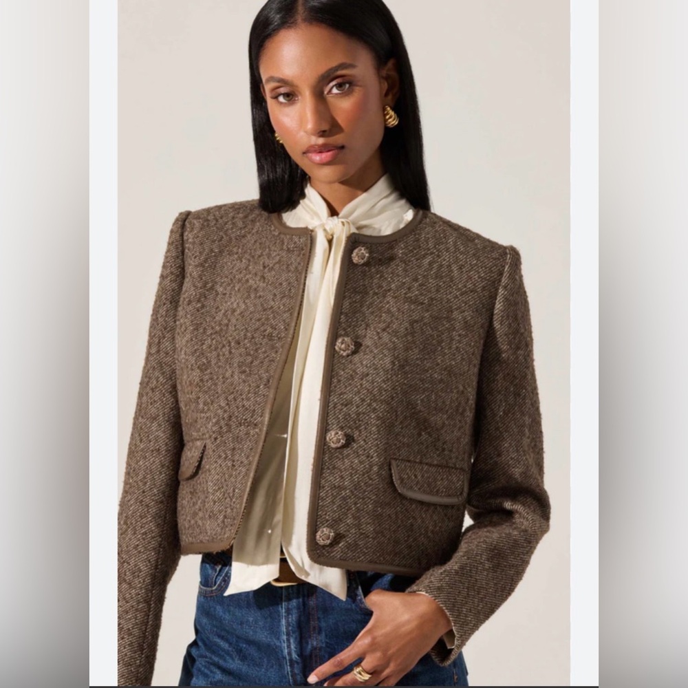 Astr Chiara Faux Leather Trim Tweed Blazer NWT Sz M Brown